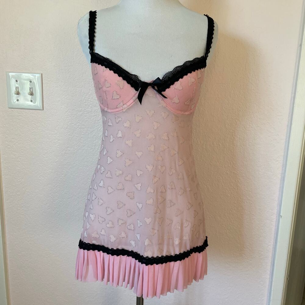 Pink Heart Mesh Babydoll Lingerie Dress Lace Trim Pleated Hem S